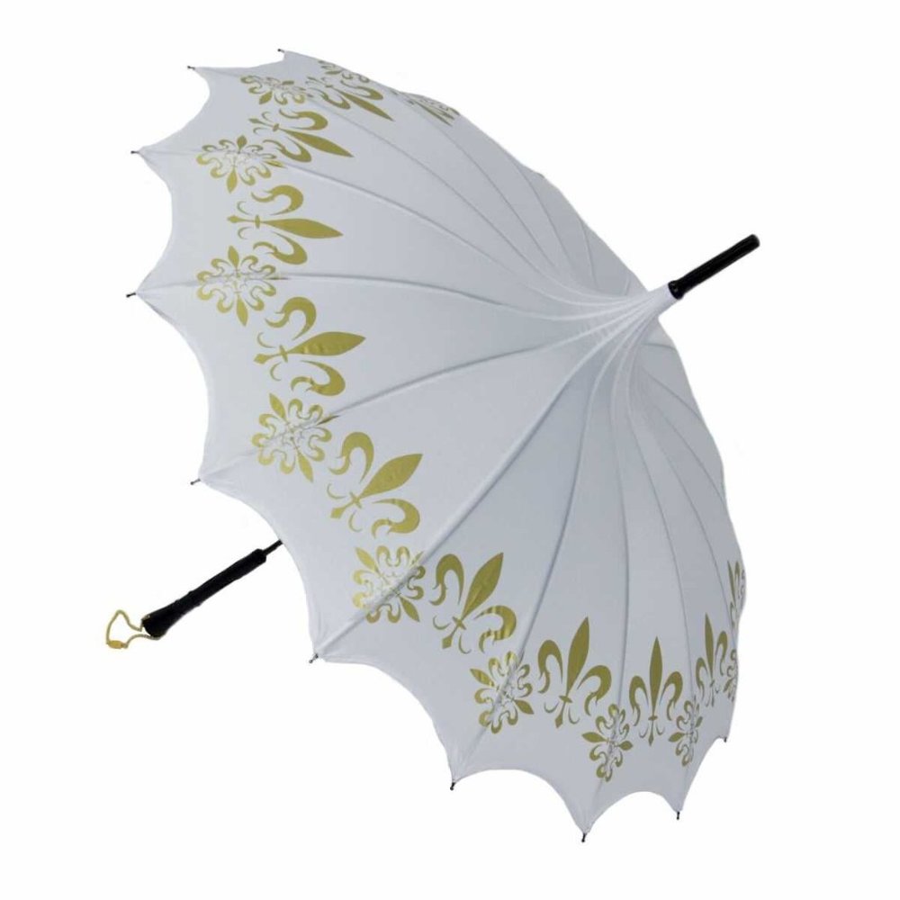 White & Gold Scalloped Edge with Fleur de Lis Parasol (Cosmetic Blemish)